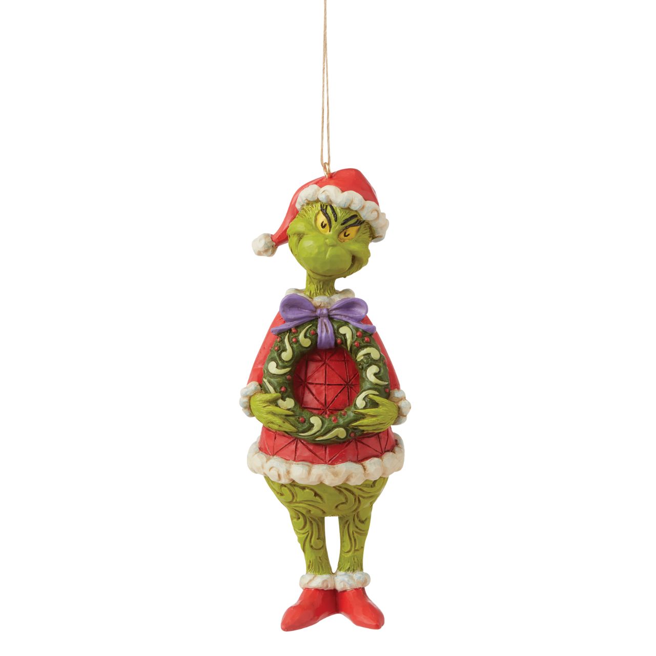 Grinch with Wreath Hanging Ornament  A perfect addition to any Christmas tree, this intricate Jim Shore bauble features The Grinch dressed as Santa. Holding a wreath between his conniving claws, his smile is closer to a sneer as he plots his next theft from your tree.