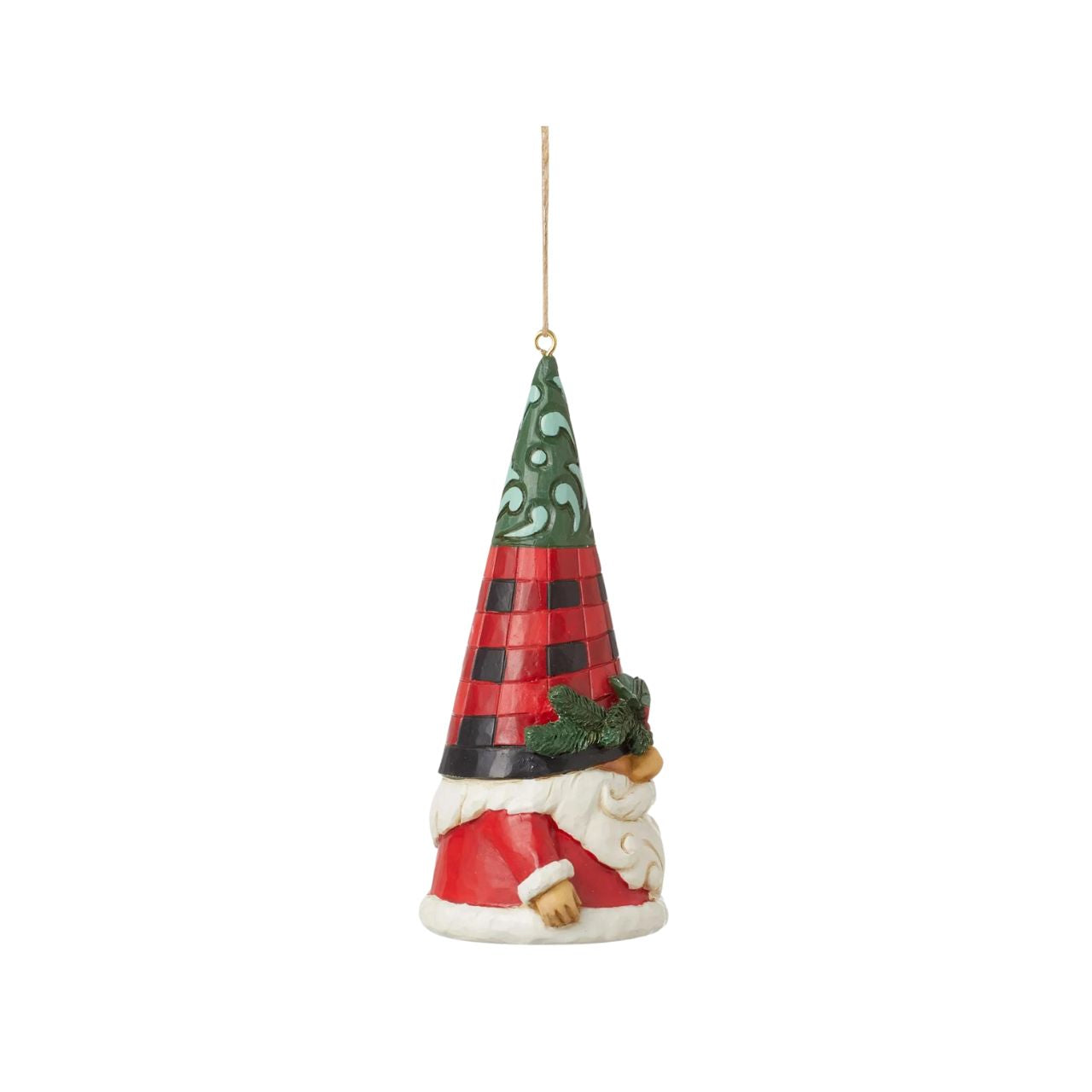 No one knows gnomes like Jim Shore! Creating yet another gnome, Jim has put a playful spin on Christmas. This Highland Glen holiday gnome ornament wears a plaid red hat topped in green rosemaling and belted in holly. He holds a ring of jingle bells.