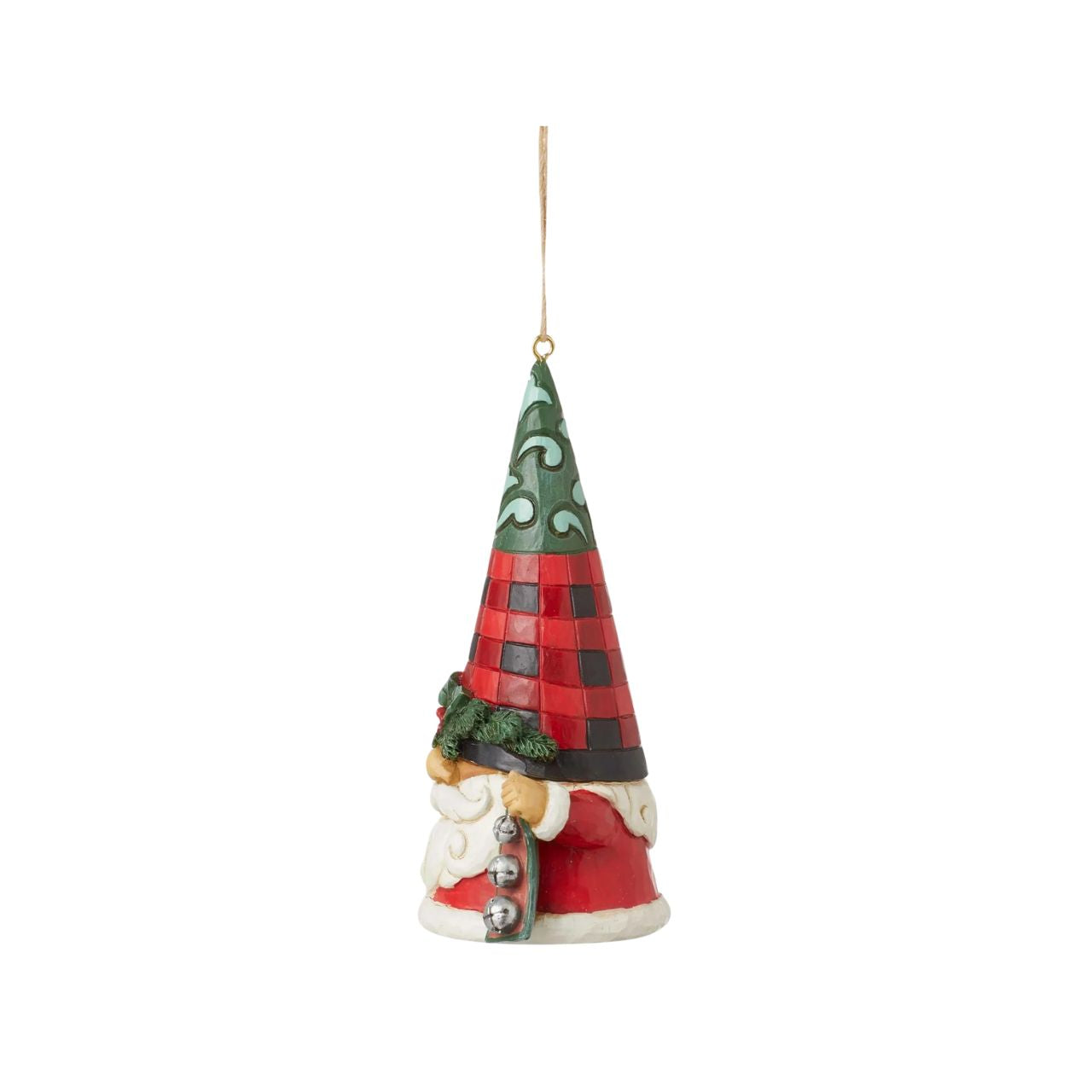 No one knows gnomes like Jim Shore! Creating yet another gnome, Jim has put a playful spin on Christmas. This Highland Glen holiday gnome ornament wears a plaid red hat topped in green rosemaling and belted in holly. He holds a ring of jingle bells.