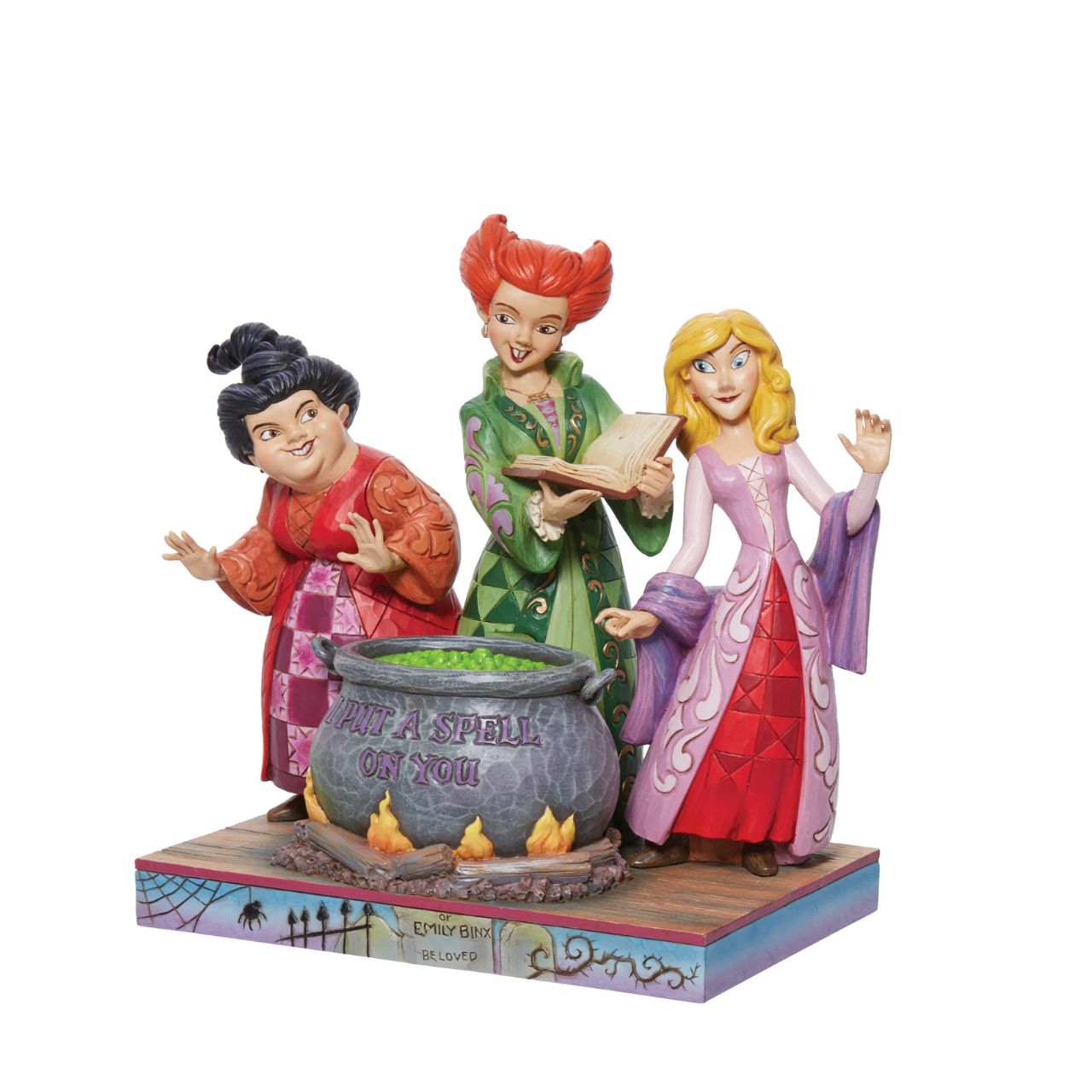 The Sanderson sisters gather round their cauldron in a piece guaranteed to "put a spell on you" Designed by the award winning artist and sculptor, Jim Shore for the Disney Traditions brand.