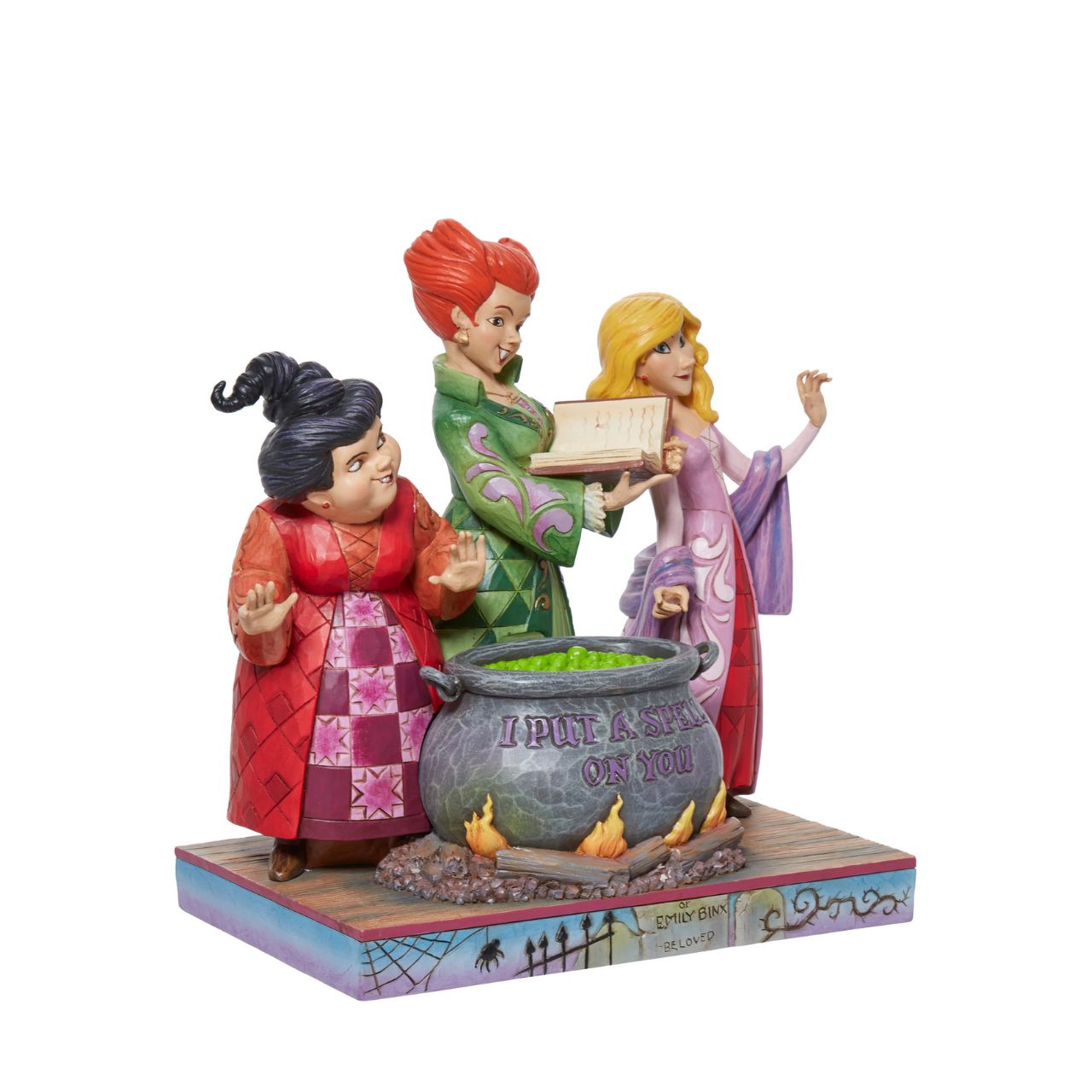 The Sanderson sisters gather round their cauldron in a piece guaranteed to "put a spell on you" Designed by the award winning artist and sculptor, Jim Shore for the Disney Traditions brand.