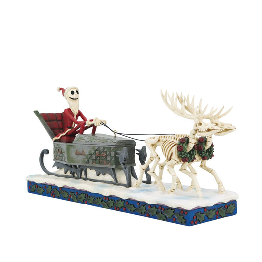 Straight from the silver screen to your home, is Jack from Nightmare Before Christmas. Dressed in his very own Sandy Claws outfit, atop his festively decorated coffin sleigh, he is pulled through the night by two skellington reindeer - not the usual sight you'd see on Christmas Eve. 