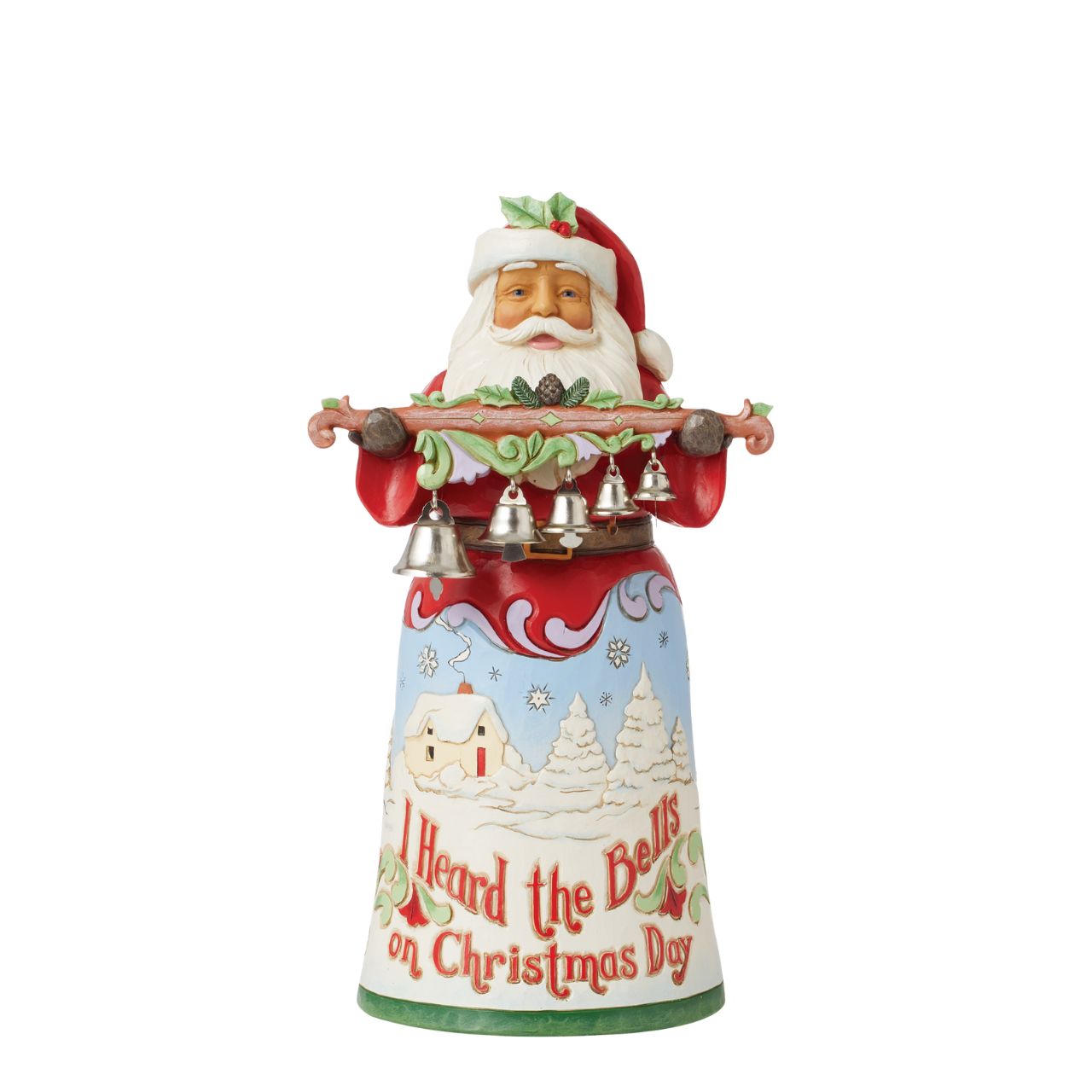 The 18th annual limited edition Song Santa from Jim Shore as part of his Heartwood Creek collection. Featuring hand painted illustrations across Santa's skirt, showing scenes from the iconic song, I Heard The Bells On Christmas Day.