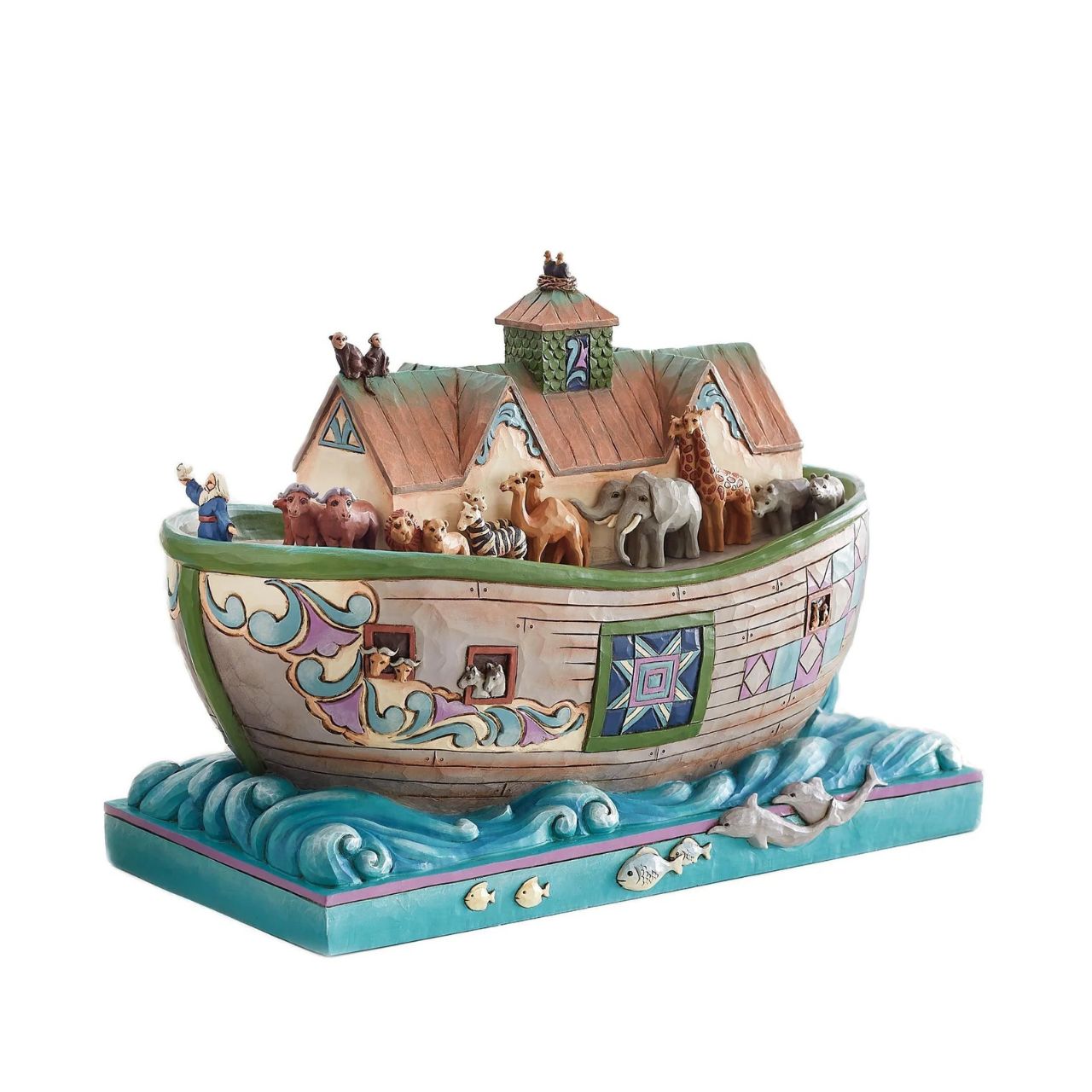 This impressive hand-painted and intricately sculpted design by Jim Shore honours the beloved Bible story of Noah and his ark.