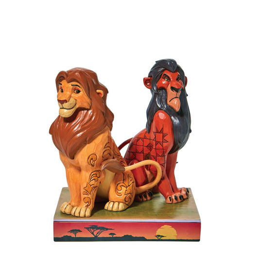 "Proud and Petulant" This Jim Shore piece ventures into the African savanna to share a scene of good and evil. Striking a winning pose, Simba, the rightful king, smiles next to his murderous uncle, Scar. The pair of lions make a daring duo of strength and pride.