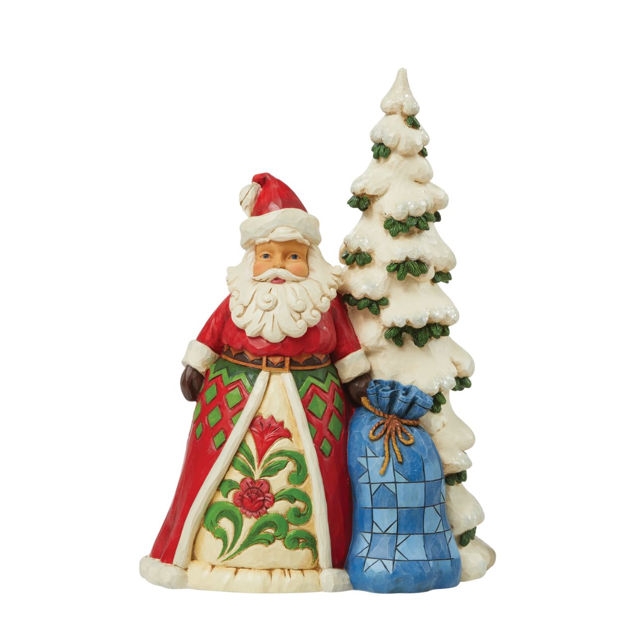 Heartwood Creek Santa by Tree with Toy Sack Figurine  Designed by award winning artist Jim Shore as part of the Heartwood Creek Christmas Collection, hand crafted using high quality cast stone and hand painted, this Santa by tree is perfect for the Christmas season.