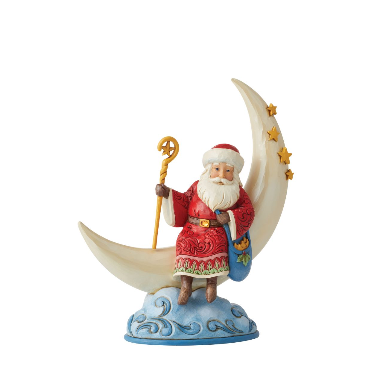 Designed by award winning artist Jim Shore as part of the Heartwood Creek Christmas Collection, hand crafted using high quality cast stone and hand painted, this Santa on Crescent Moon figurine is perfect for the Christmas season.