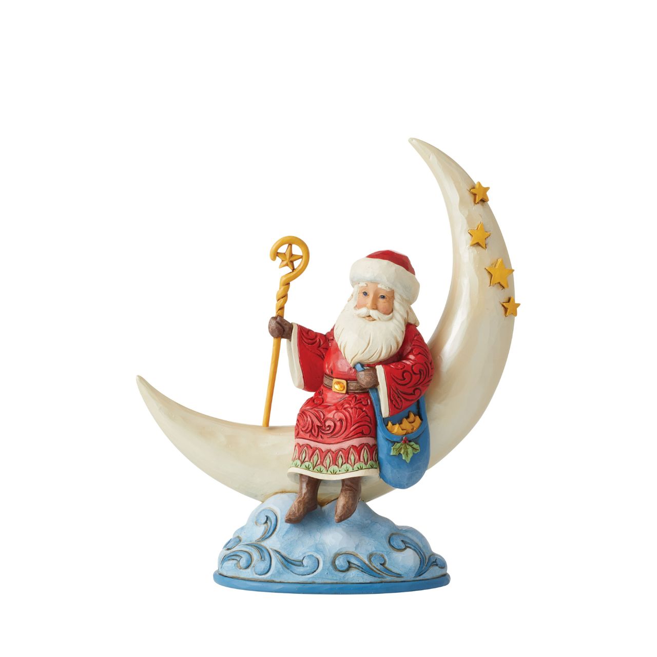 Designed by award winning artist Jim Shore as part of the Heartwood Creek Christmas Collection, hand crafted using high quality cast stone and hand painted, this Santa on Crescent Moon figurine is perfect for the Christmas season.