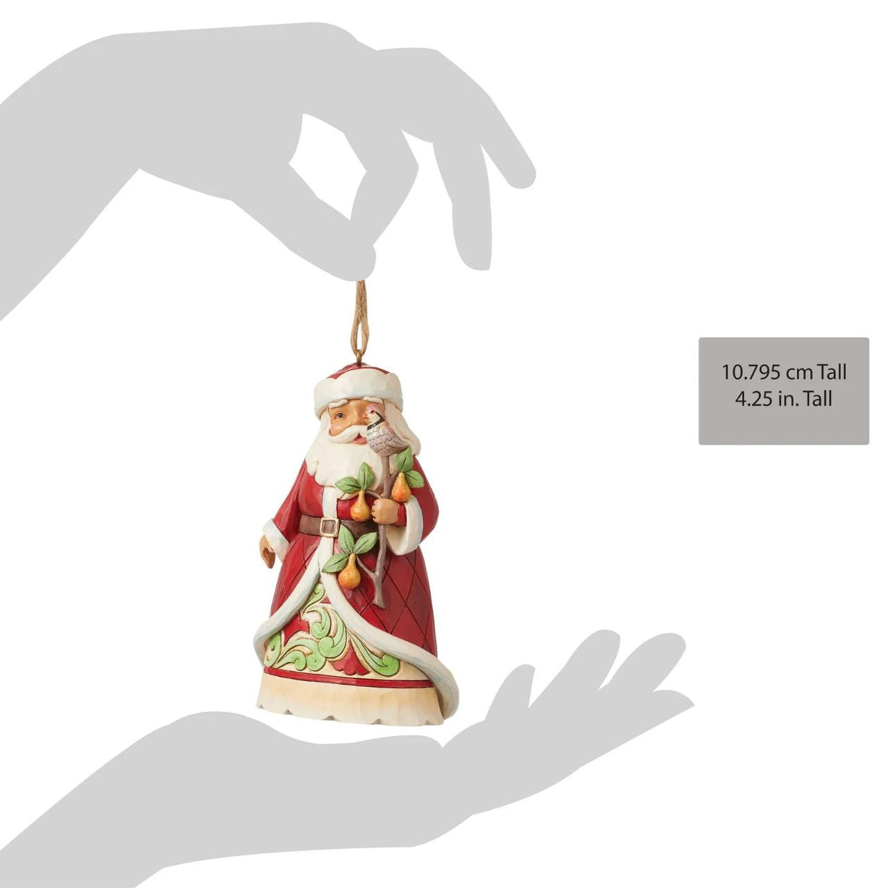 Designed by award winning artist Jim Shore as part of the Heartwood Creek 2023 World Wide Event, hand crafted using high quality cast stone and hand painted, this Santa holding a Partridge in a Pear Tree Hanging Ornament is perfect for the Christmas season.