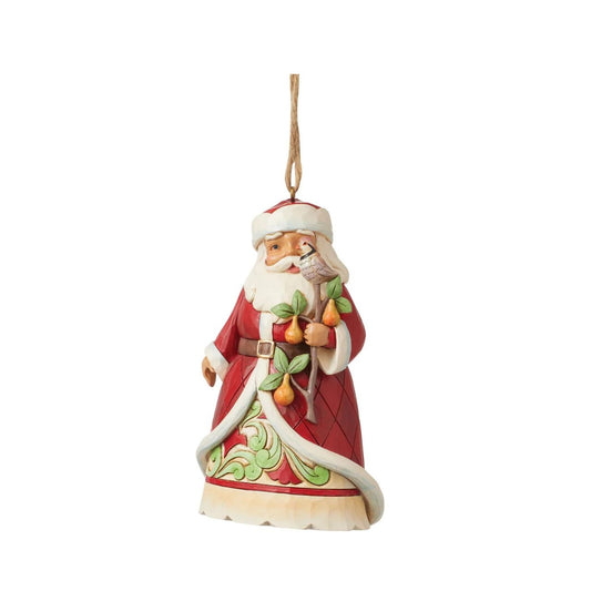 Designed by award winning artist Jim Shore as part of the Heartwood Creek 2023 World Wide Event, hand crafted using high quality cast stone and hand painted, this Santa holding a Partridge in a Pear Tree Hanging Ornament is perfect for the Christmas season.