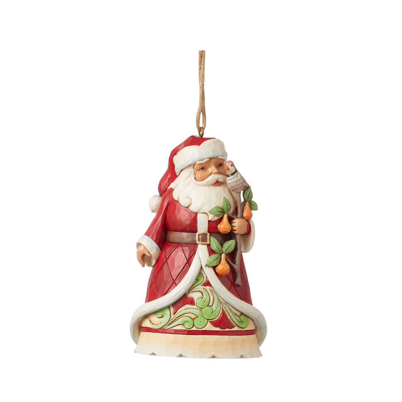 Designed by award winning artist Jim Shore as part of the Heartwood Creek 2023 World Wide Event, hand crafted using high quality cast stone and hand painted, this Santa holding a Partridge in a Pear Tree Hanging Ornament is perfect for the Christmas season.