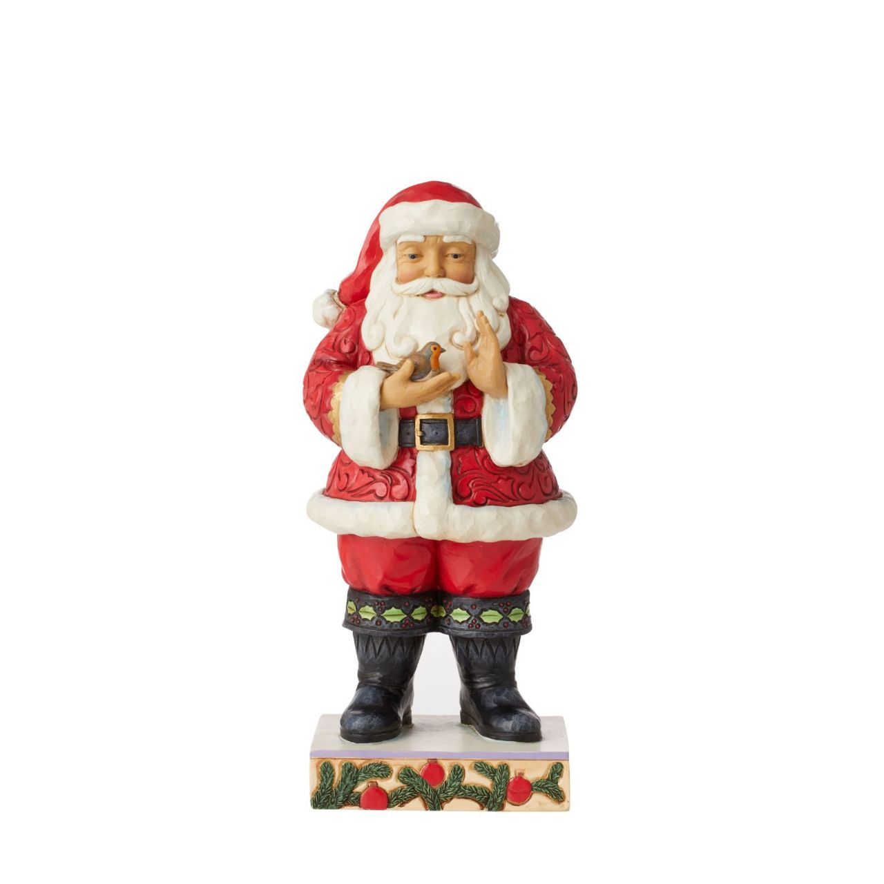 Wearing holly brimmed boots and rosemaled suit, this Santa statuette delicately holds a Robin in his hands. Widely revered, Robins are thought to represent loved ones lost. Celebrate the Christmas in remembrance and love with Jim Shore. Exclusively available in UK and Europe. Packaged in a branded Giftbox.