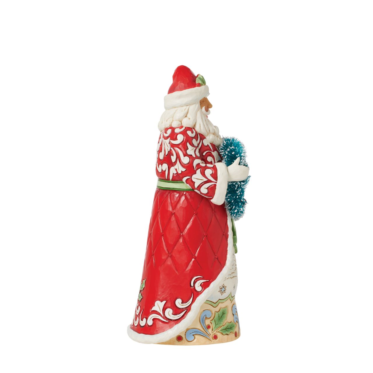 A hand painted Santa figurine by Jim Shore as part of his Heartwood Creek collection, featuring a sisal wreath to add extra fun and texture to the piece. Perfect to add to any Christmas display. Comes in fully branded packaging.