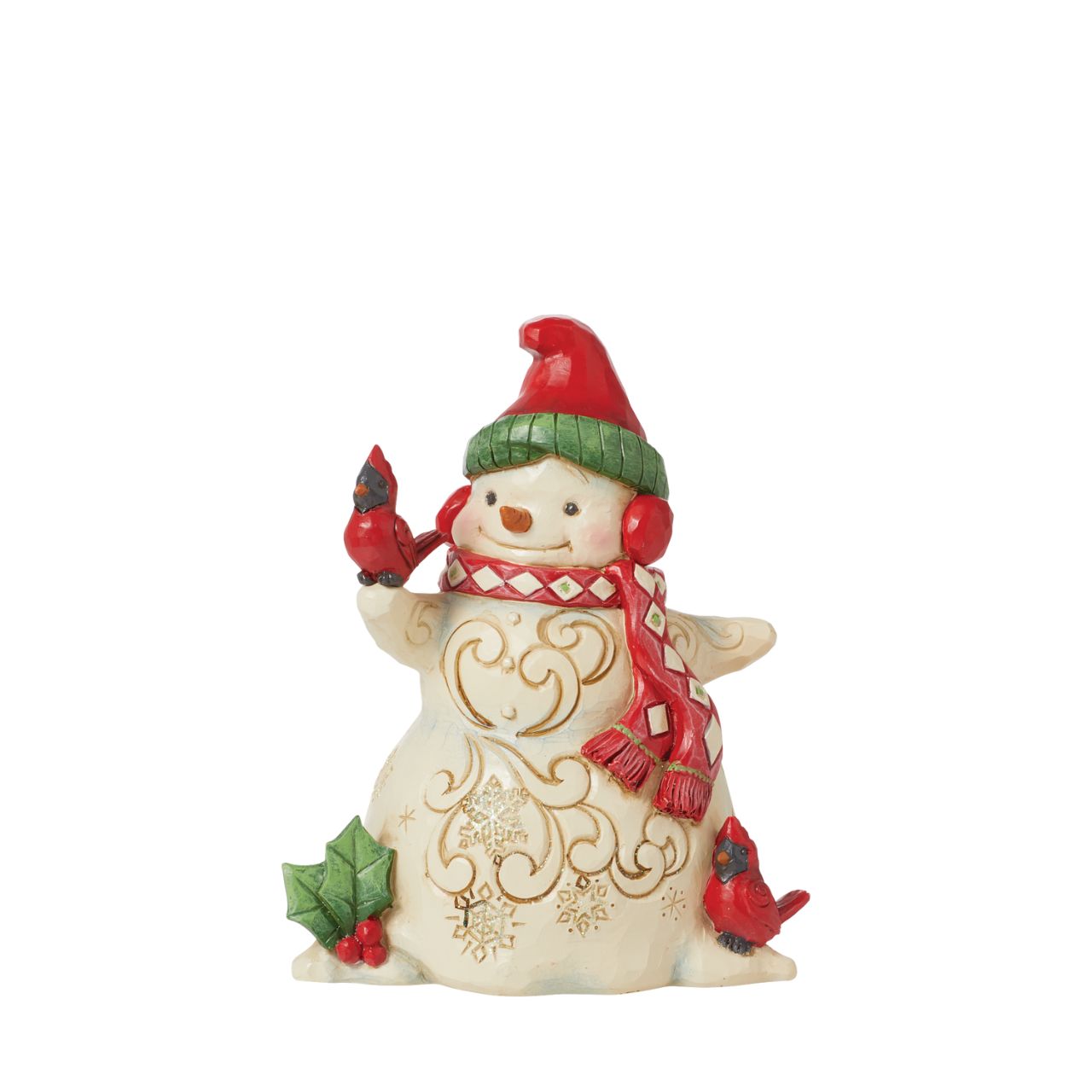 Wrapped up against the winter chill and with a little Cardinal friend, this Snowman is ready for the Christmas period. Hand painted and hand carved from the Heartwood Creek collection from Jim Shore.