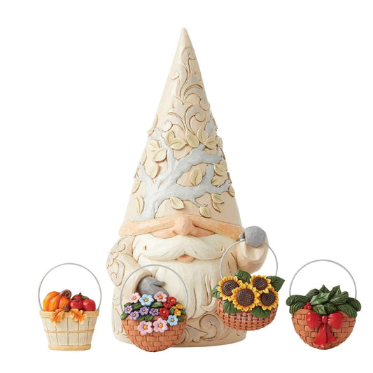 Jim Shore Heartwood Creek Four Seasons Set includes Gnome Statue with Four Interchangeable baskets for seasons suitable for indoor or outdoor display. Beautifully hand-painted and crafted with intricate styling and attention to detail. Packaged in brown box with photo on front.