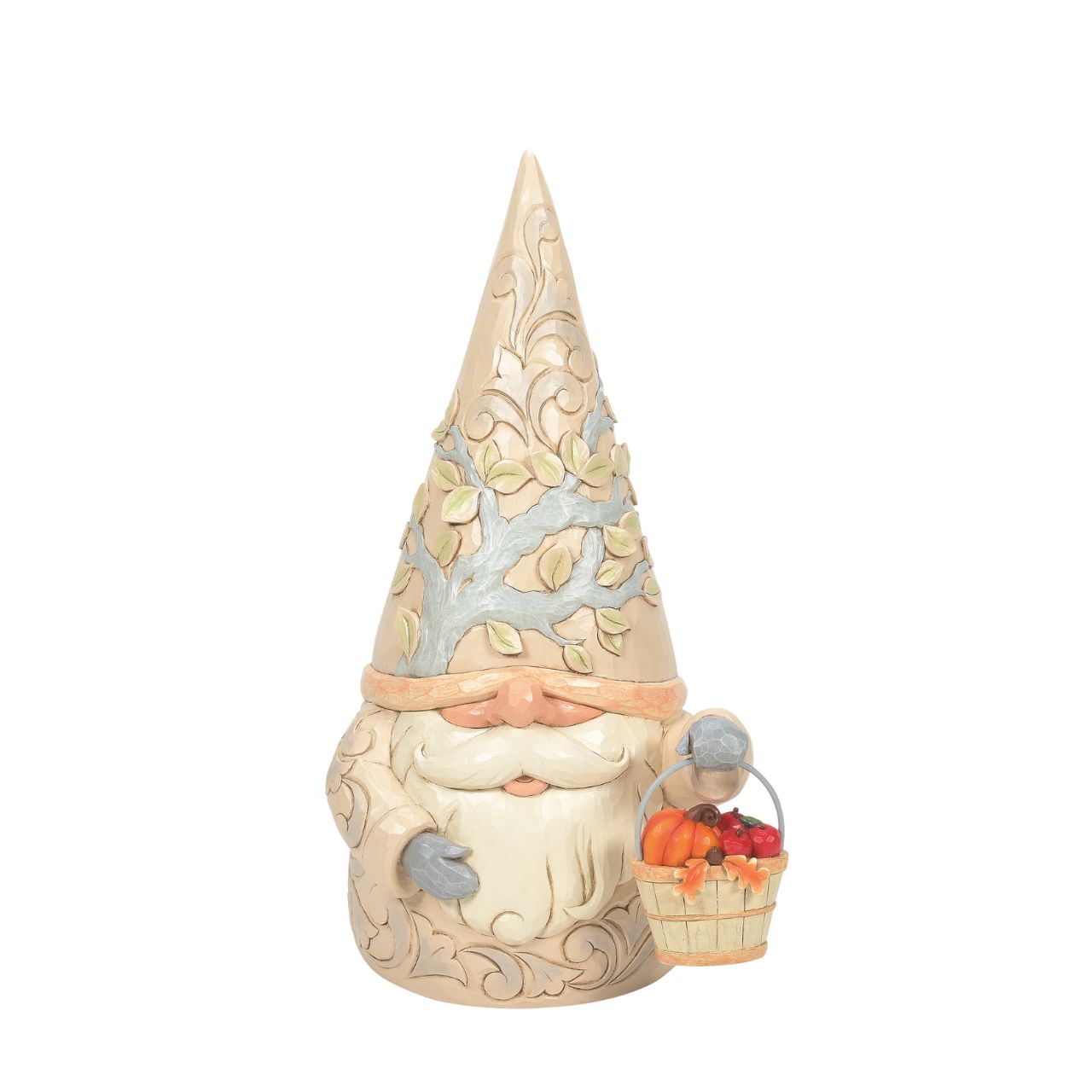 Jim Shore Heartwood Creek Four Seasons Set includes Gnome Statue with Four Interchangeable baskets for seasons suitable for indoor or outdoor display. Beautifully hand-painted and crafted with intricate styling and attention to detail. Packaged in brown box with photo on front.