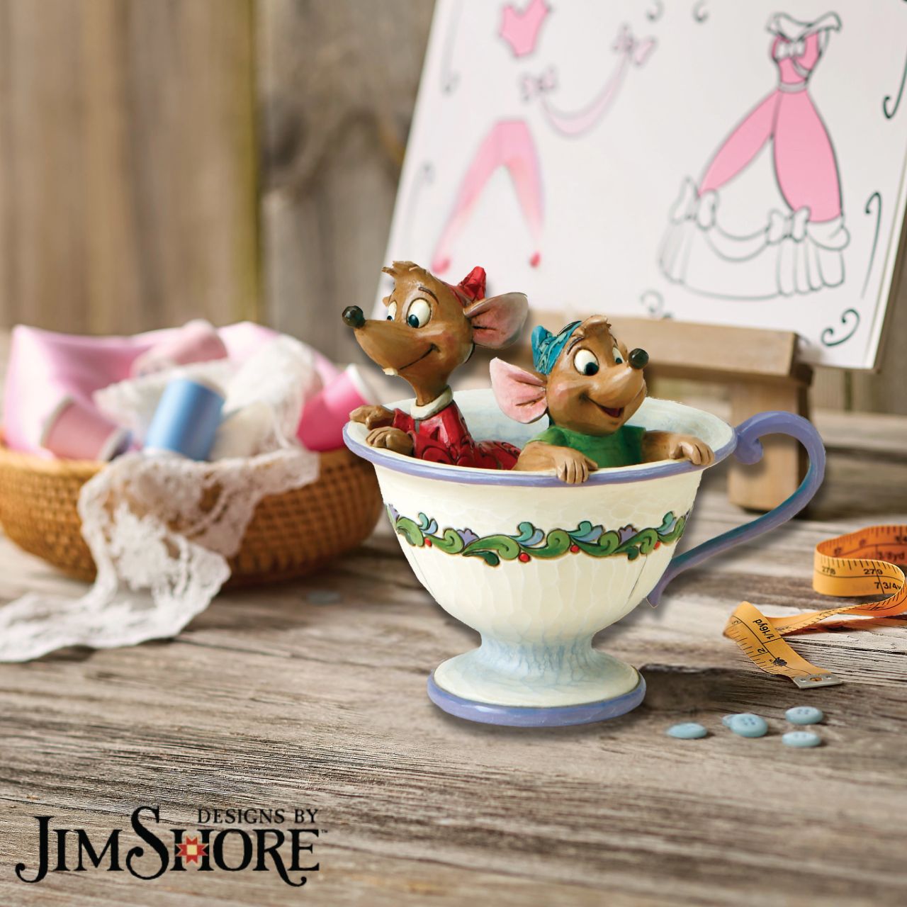 Jac and Gus perch themselves inside Lady Tremaine's tea cup as they scheme to get the key and rescue Cinderella. Mice have wire tails. Designed by award-winning sculptor Jim Shore for Disney Traditions.