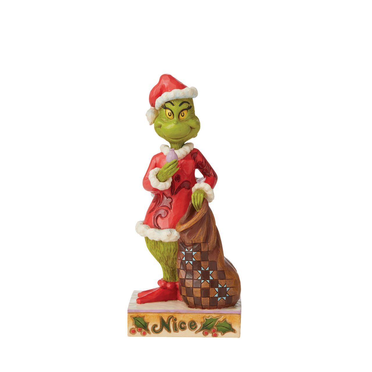 The Grinch is a classic story of a humbug turned holiday hero. Exemplifying both Naughty and Nice, this Jim Shore dual figured effigy shares both sides of the story. One side showing a frowning Grinch stealing ornaments, while the other smiles with love. Beautifully hand-painted and crafted from high-quality cast stone with intricate styling and attention to detail.