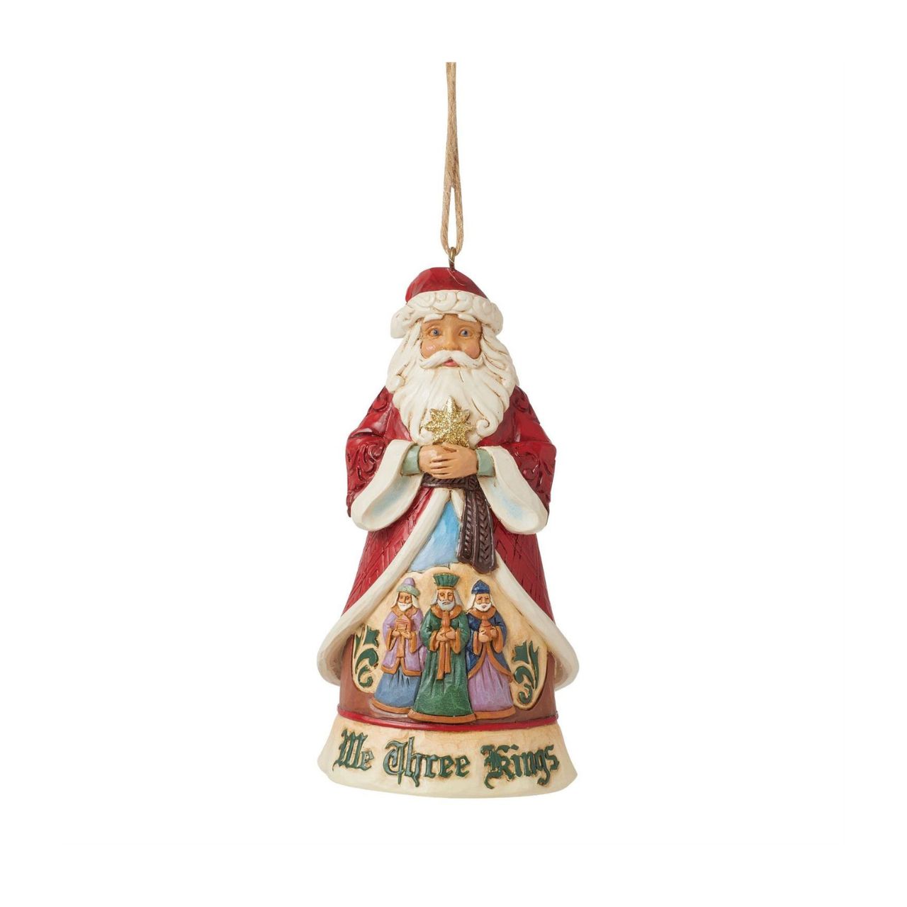 This 17th Annual Santa ornament by Jim Shore is of a series honouring Christmas songs. Three lavishly dressed kings create a colourful manger scene on Santa's robes. Santa sings along to We Three Kings emphatically, hands in gesturing in his ornate coat.