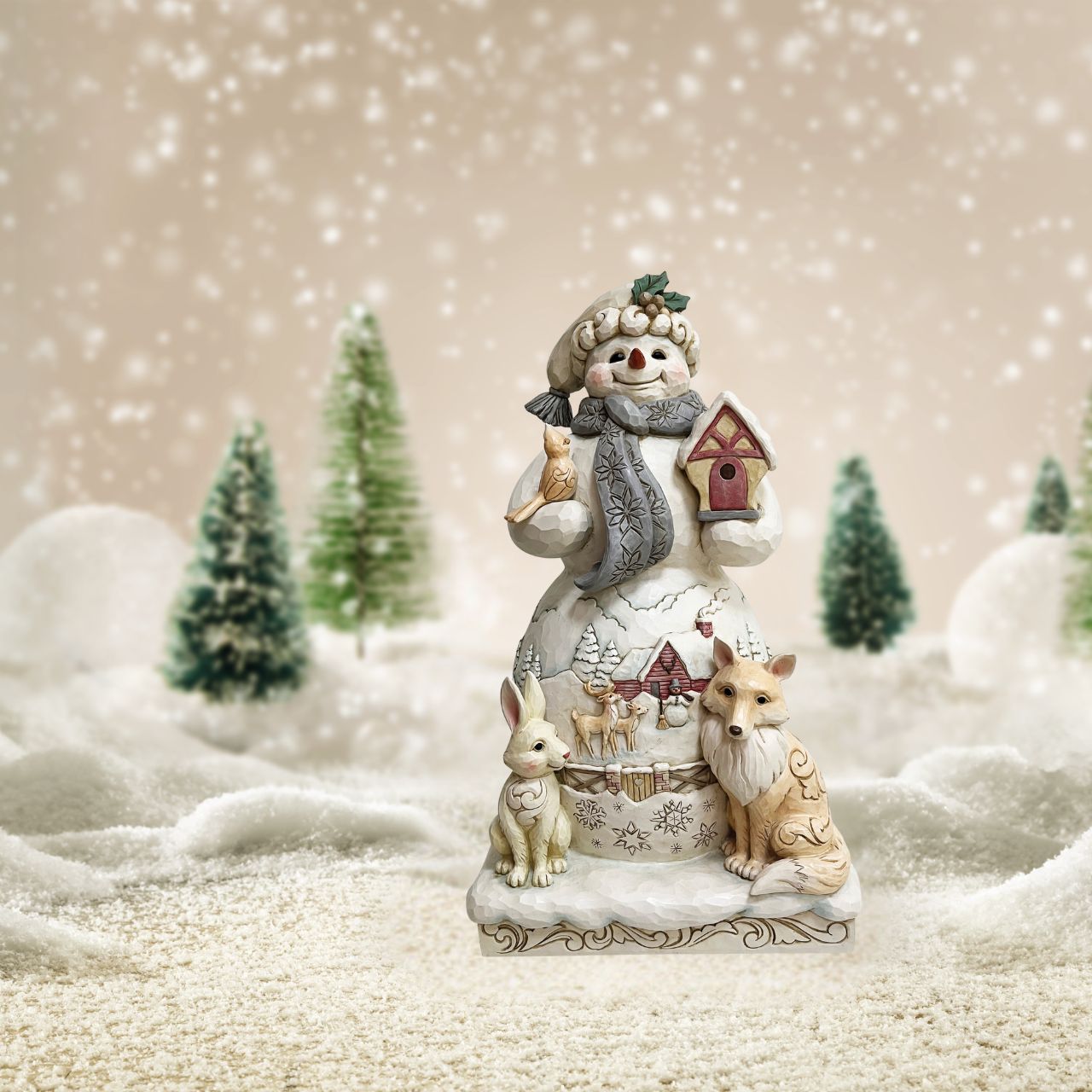 The White Woodland Collection showcases Intricate Jim Shore designs, with soft neutral colour palette suitable for many styles of home décor. This Statue size Snowman with woodland animals is the showstopper of this collection and would make the most delightful show stopping feature in any home.