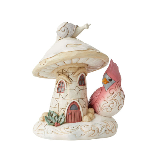 Woodland Mushroom House with Cardinal Figurine by Jim Shore  "Home For the Holidays" Designed in the iconic style of Jim Shore. This mushroom house is inhabited by woodland creatures ready to settle down in comfort for the festive season. Hand painted in high quality cast stone. 