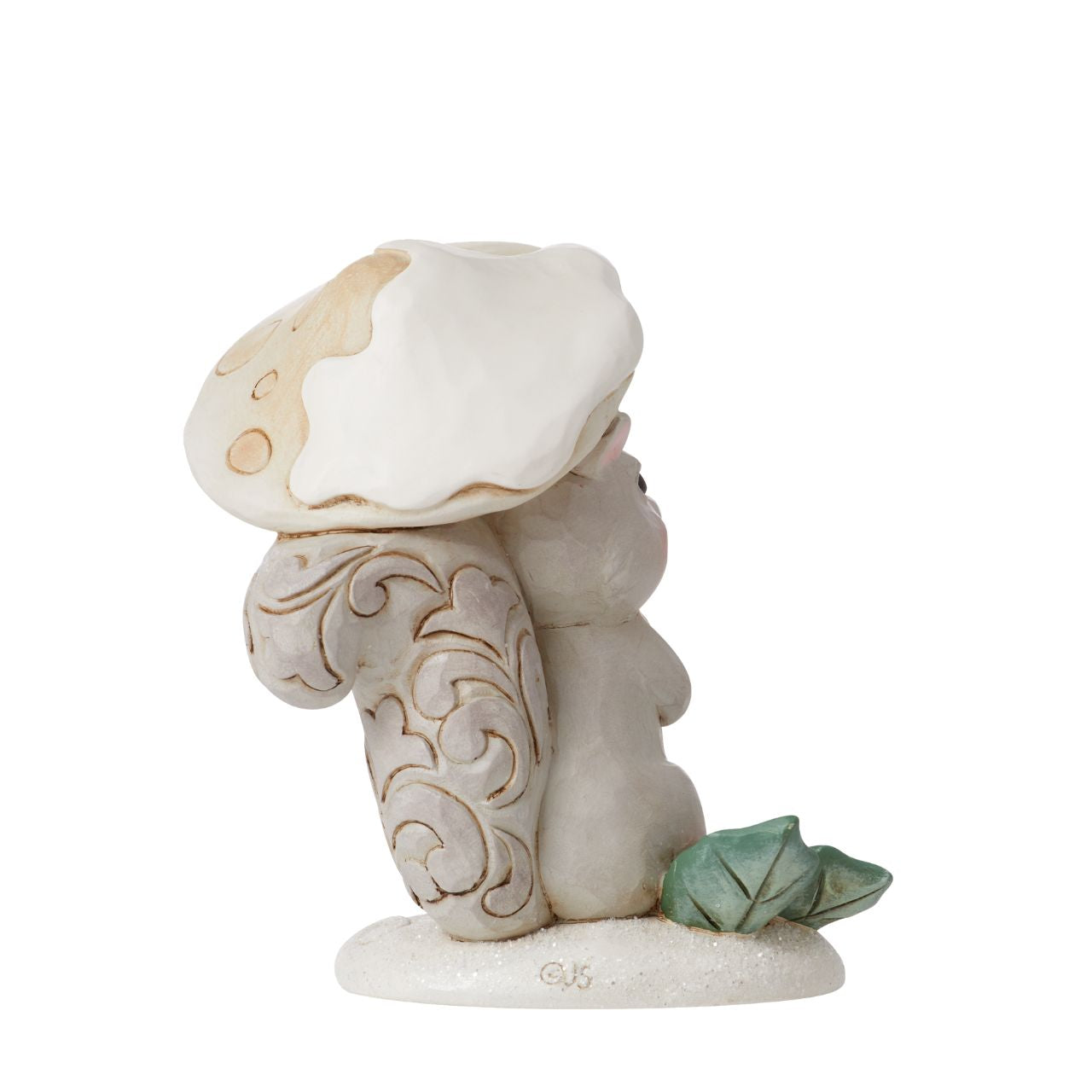 The White Woodland Collection showcases Intricate Jim Shore designs, with soft neutral colour palette suitable for many styles of home decor. This cute little squirrel holding a mushroom is the perfect addition to any White Woodland Collection. Hand painted in high quality cast stone. 