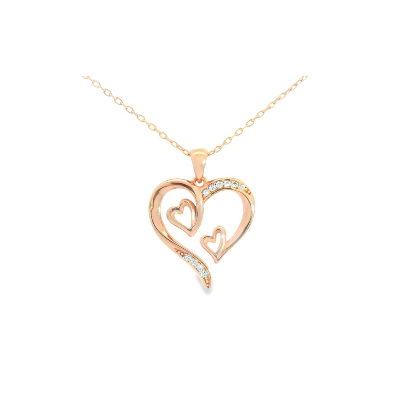 Experience love at first sight with this exquisite heart necklace, crafted in lustrous rose gold. The intertwining hearts symbolize an unbreakable bond, while the shimmering cubic zircoinia add a touch of timeless elegance to any outfit.