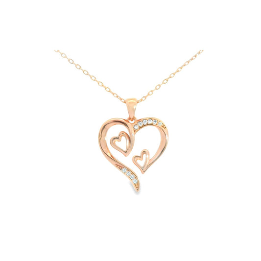 Experience love at first sight with this exquisite heart necklace, crafted in lustrous rose gold. The intertwining hearts symbolize an unbreakable bond, while the shimmering cubic zircoinia add a touch of timeless elegance to any outfit.