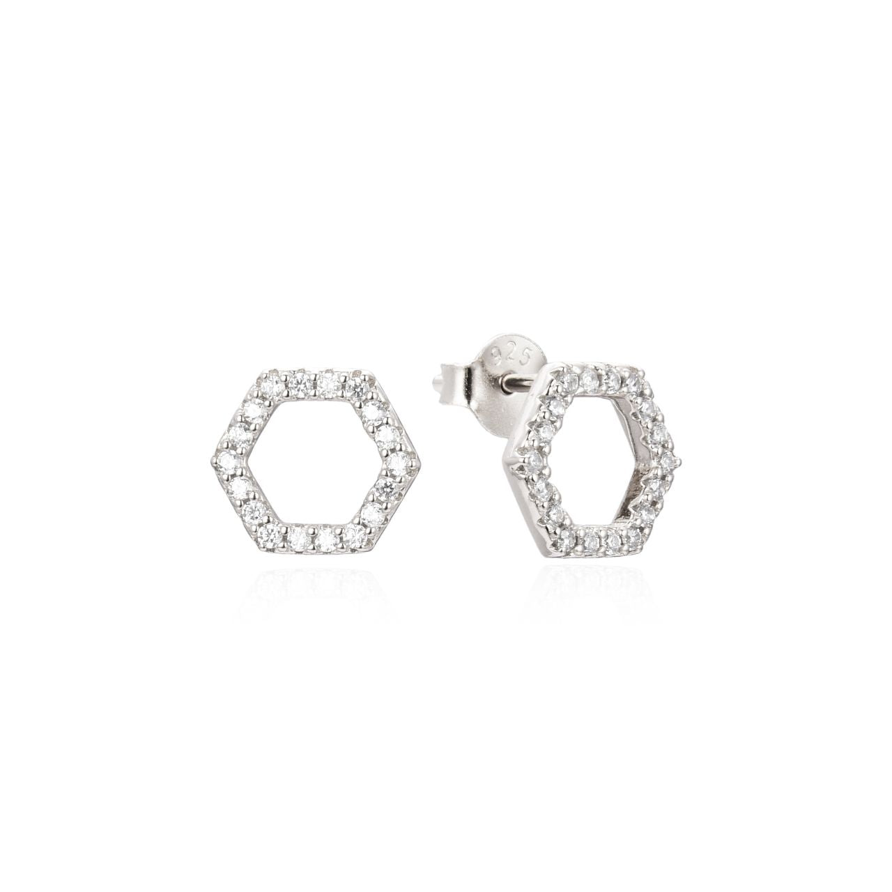 Hexagonal Stud Earrings with Cubic Zirconia – Silver  An elegant pair of sterling silver hexagonal stud earrings with cubic zirconia detail. They have an anti-tarnish coating and measure approx. 10mm in diameter.