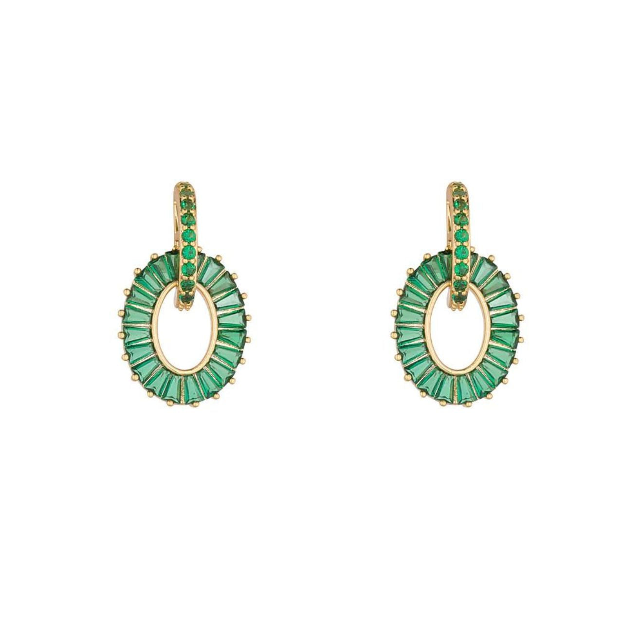 Emerald Baguette Earrings by Knight & Day  Knight & Day's Emerald Baguette Earrings showcase an exquisite combination of green emerald CZ stones. The earrings add a breath-taking touch of elegance to any outfit. Stunning yet subtle, these earrings make an eye-catching accessorizing choice.