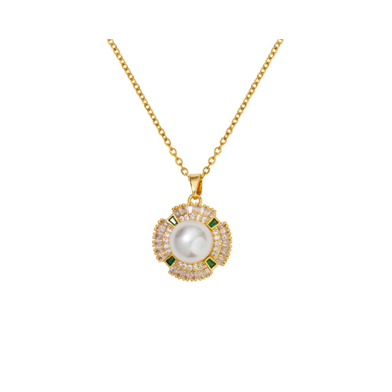 Elegant faux pearl with base of clear and emerald CZ stones. Gold plating