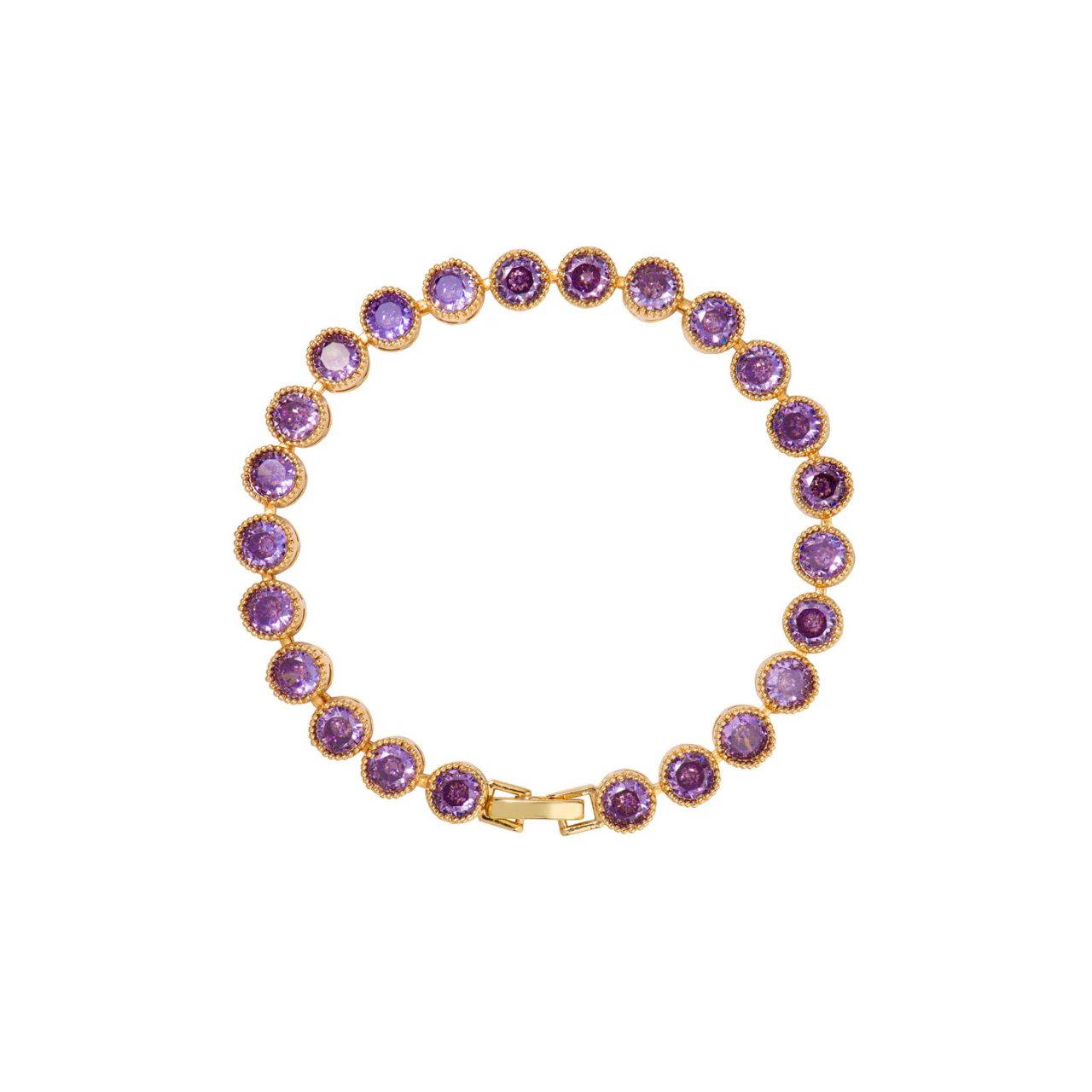 Beautiful gold plated tennis bracelet with Amethyst CZ stones. Fold over clasp fastening.