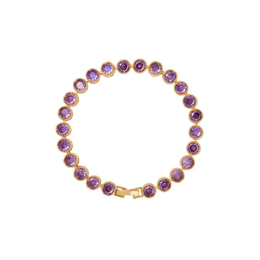 Beautiful gold plated tennis bracelet with Amethyst CZ stones. Fold over clasp fastening.