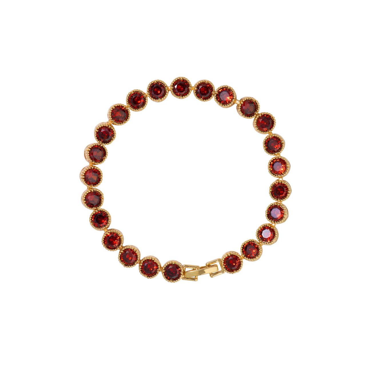 Beautiful gold plated tennis bracelet with Garnet CZ stones. Fold over clasp fastening.