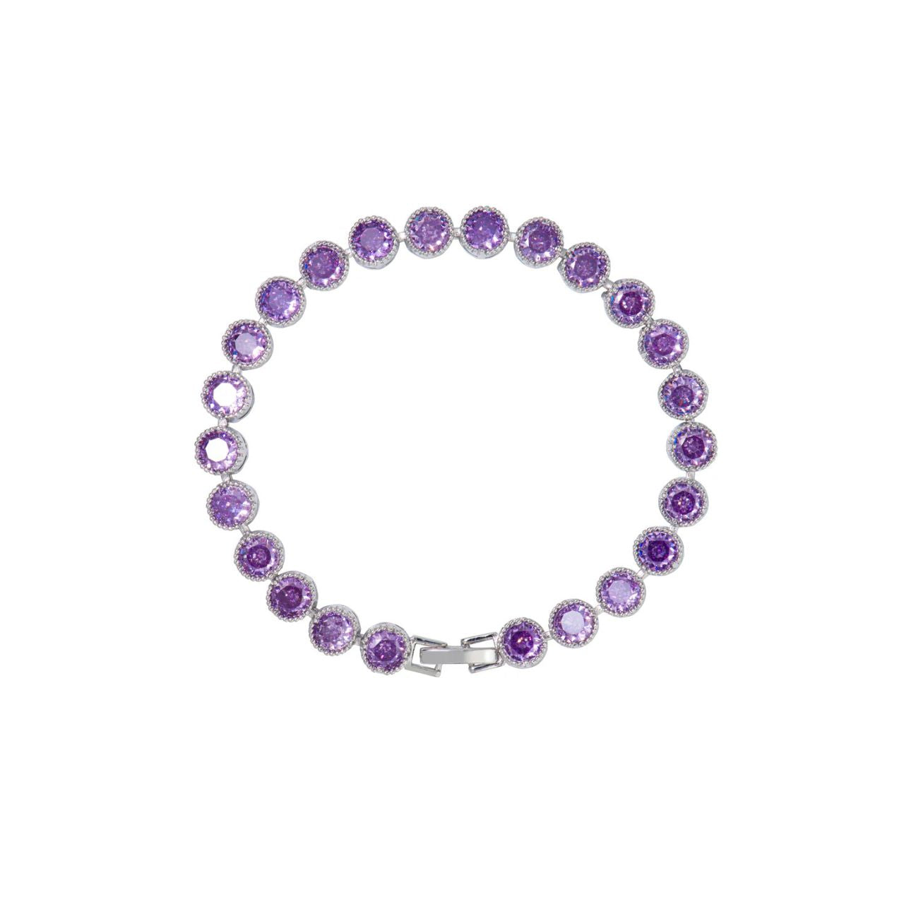 Beautiful rhodium plated tennis bracelet with Amethyst CZ stones. Fold over clasp fastening.