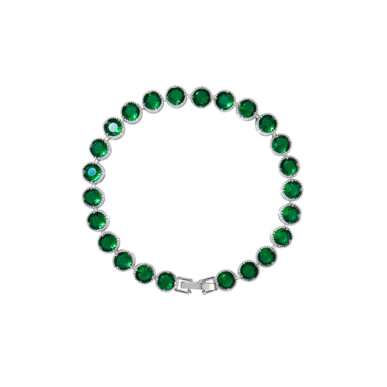 Beautiful rhodium plated tennis bracelet with Emerald CZ stones. Fold over clasp fastening.