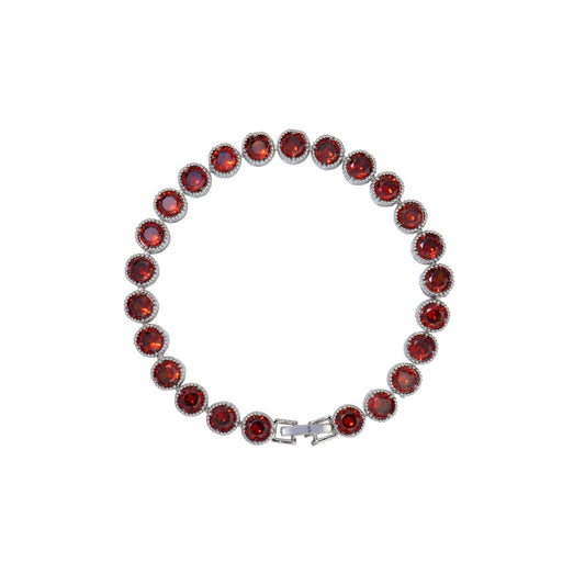 Beautiful rhodium plated tennis bracelet with Garnet CZ stones. Fold over clasp fastening.