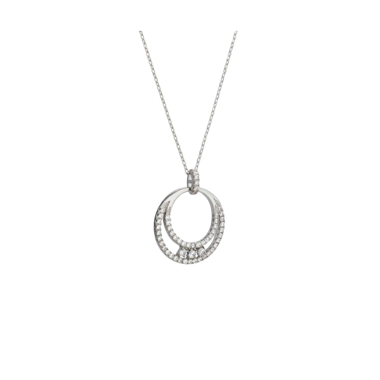 Beautiful double ring pendant embellished with CZ stones. Length 16" + 2" extension.