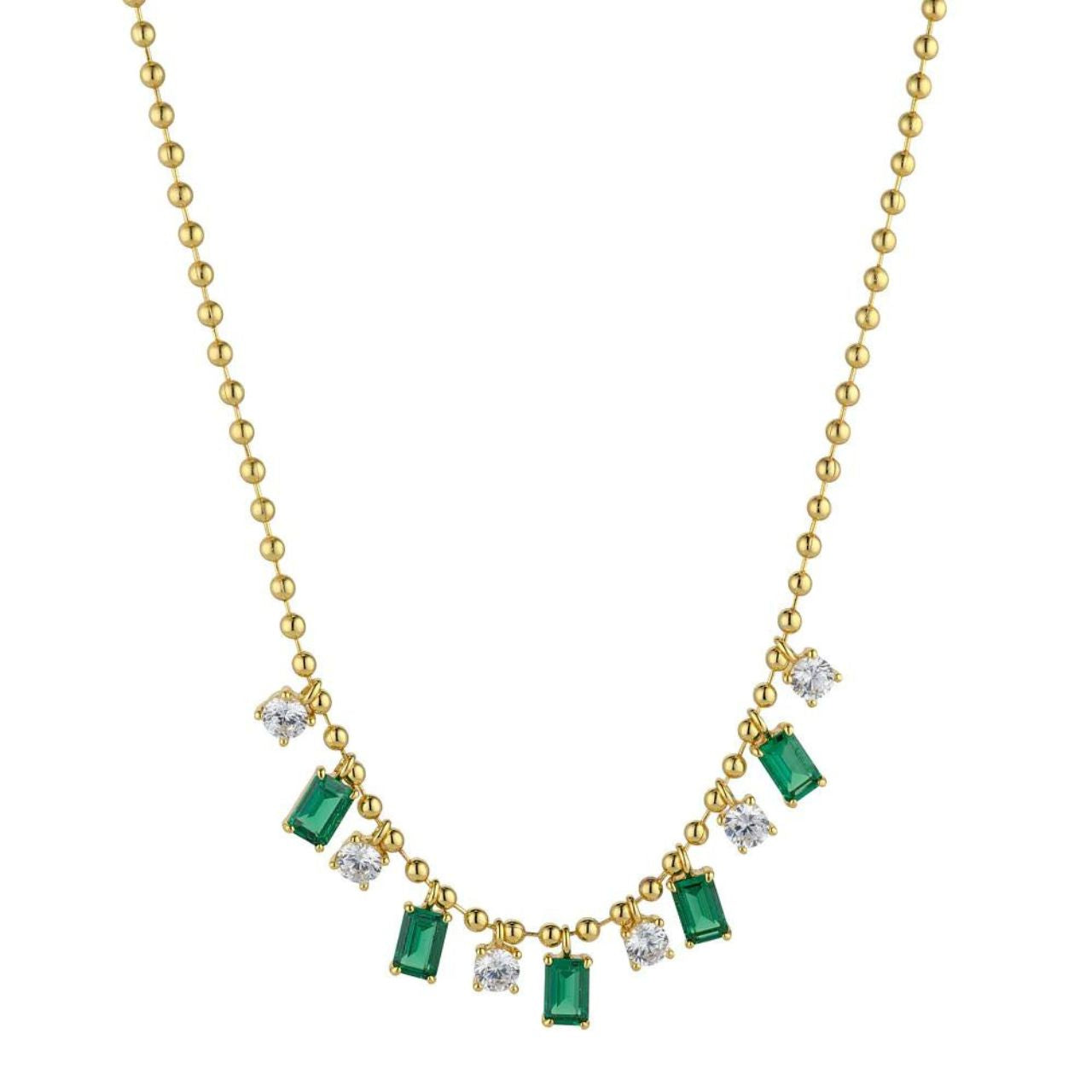 Elevate your style with the Emerie Gold Necklace from Knight &amp; Day. Made with green and CZ stones, this elegant necklace adds a touch of sophistication to any outfit. Perfect for day or night, enhance your look with this stunning accessory.