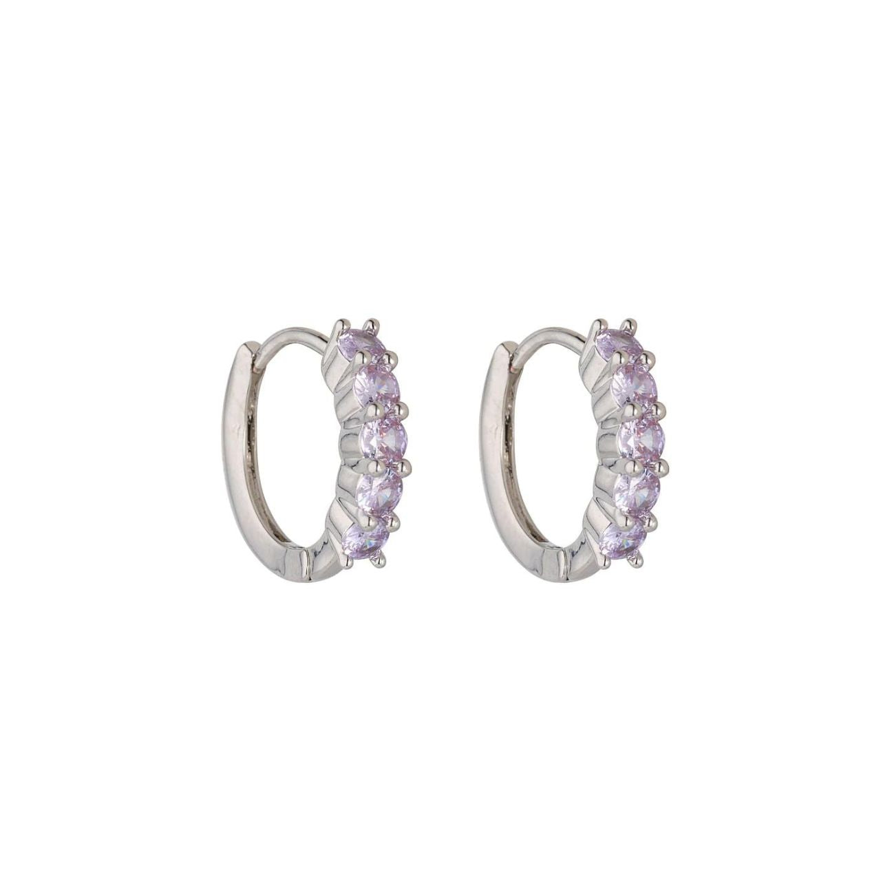 Introducing the Emmie Lavender CZ Hoop Earrings by Knight &amp; Day. These stunning earrings feature a beautiful shade of lavender CZ stones, adding a touch of elegance and femininity to any outfit. Made with high-quality materials, these earrings are perfect for a night out or a special occasion.