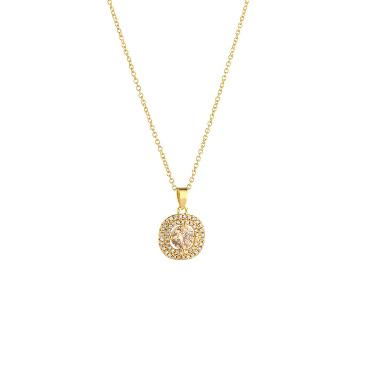 Classic style pendant with beautiful champagne CZ solitaire surrounded by double layer of clear CZ stones in micro pavé setting. Length 42 + 5cm extension. Gold plating.