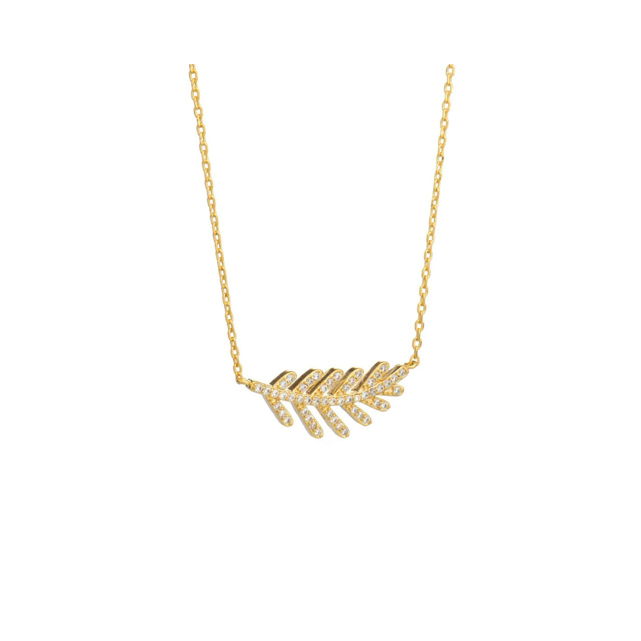 Elegant leaf pendant embellished with CZ stones in micro pavé setting. Gold plating. Length 16" + 2" extension.