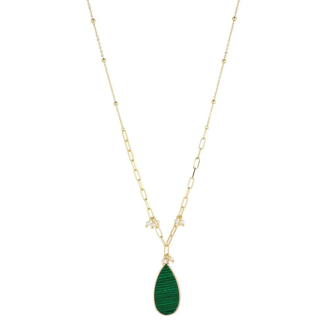 Beautiful long necklace with centre piece of Malachite semi precious stone and embellished with clusters of tiny freshwater pearls.