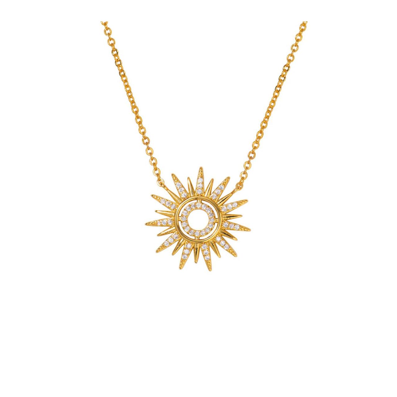 Beautiful Sunburst necklace embellished with CZ stones.  18k gold plating. Length 16" + 2" extension.