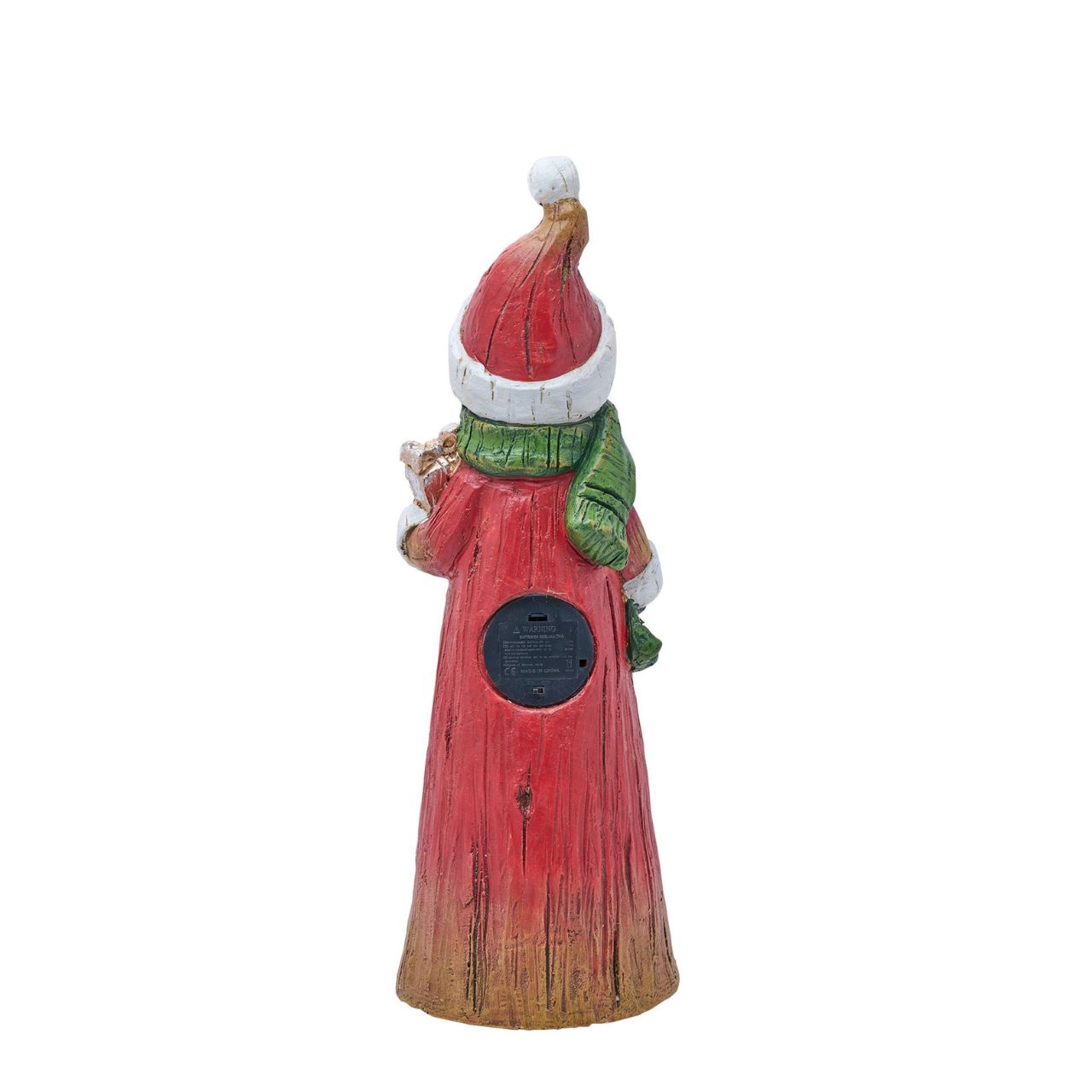 LED Snowman with lights and a wooden finish. This festive ornament captures the joy of the season with a smiling snowman holding a present. Crafted from durable wood, this ornament features intricate detailing of a green scarf, top hat, and carrot nose. The snowman stands above a sculpted deer to complete the winter woodland scene.