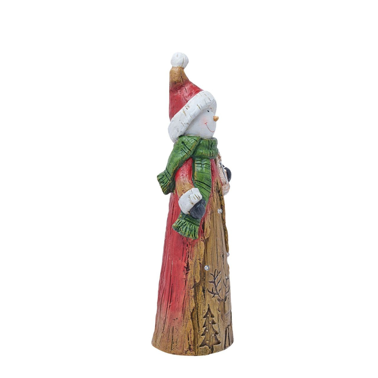 LED Snowman with lights and a wooden finish. This festive ornament captures the joy of the season with a smiling snowman holding a present. Crafted from durable wood, this ornament features intricate detailing of a green scarf, top hat, and carrot nose. The snowman stands above a sculpted deer to complete the winter woodland scene.