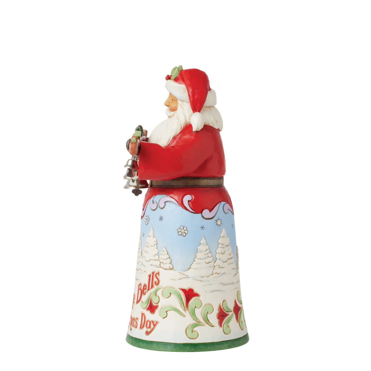 The 18th annual limited edition Song Santa from Jim Shore as part of his Heartwood Creek collection. Featuring hand painted illustrations across Santa's skirt, showing scenes from the iconic song, I Heard The Bells On Christmas Day.