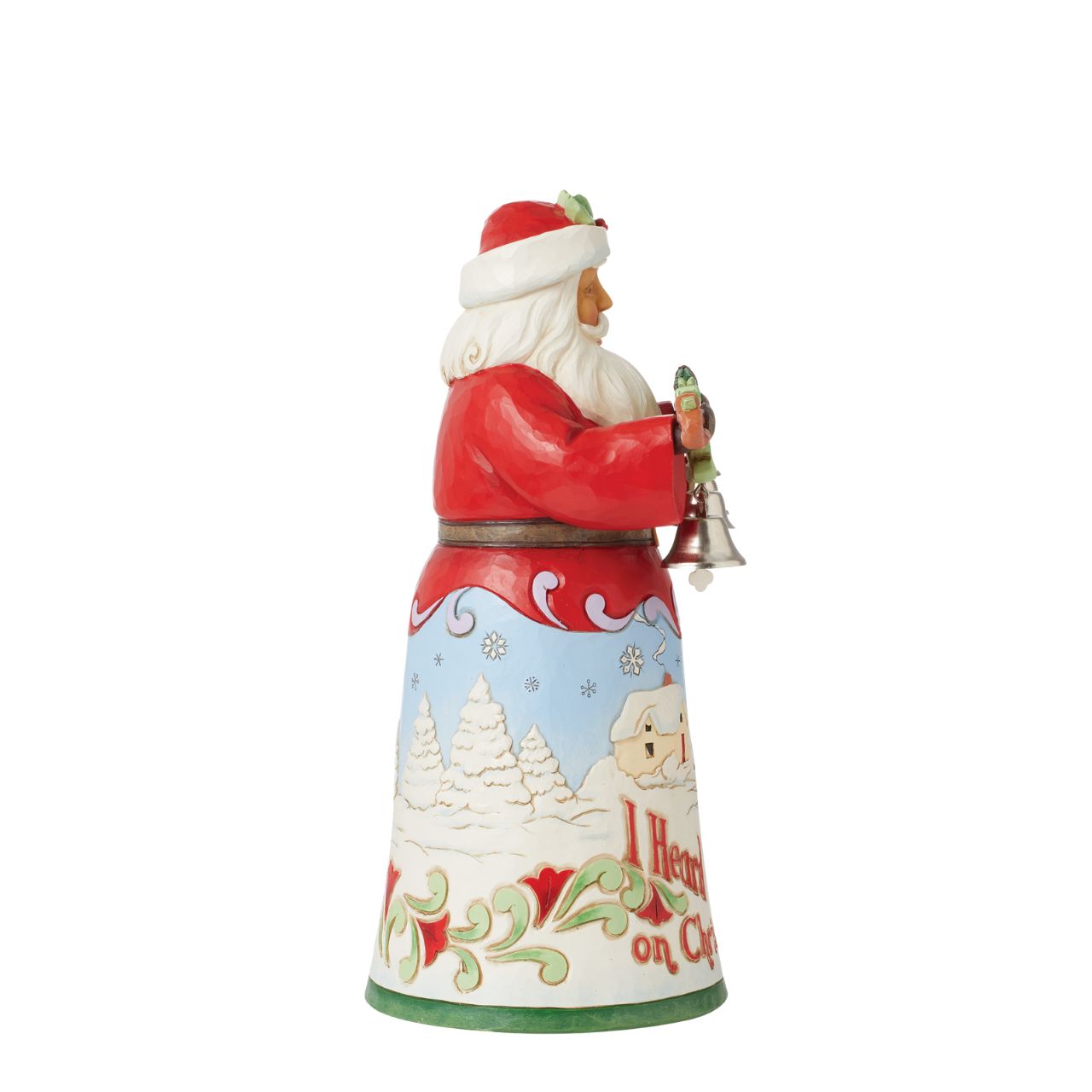 The 18th annual limited edition Song Santa from Jim Shore as part of his Heartwood Creek collection. Featuring hand painted illustrations across Santa's skirt, showing scenes from the iconic song, I Heard The Bells On Christmas Day.