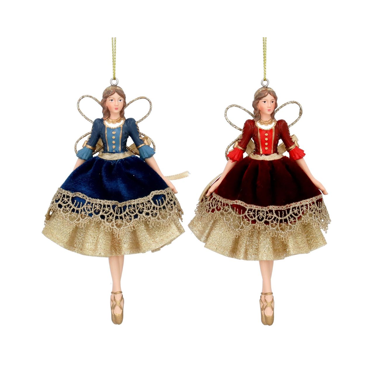 Add a touch of elegance to your Christmas decor with Gisela Graham's Luxury Blue Red Velvet Gold Lace Fairy Christmas Decorations. The intricate gold lace detailing paired with the rich velvet and vibrant colours will make your tree sparkle and stand out this holiday season.