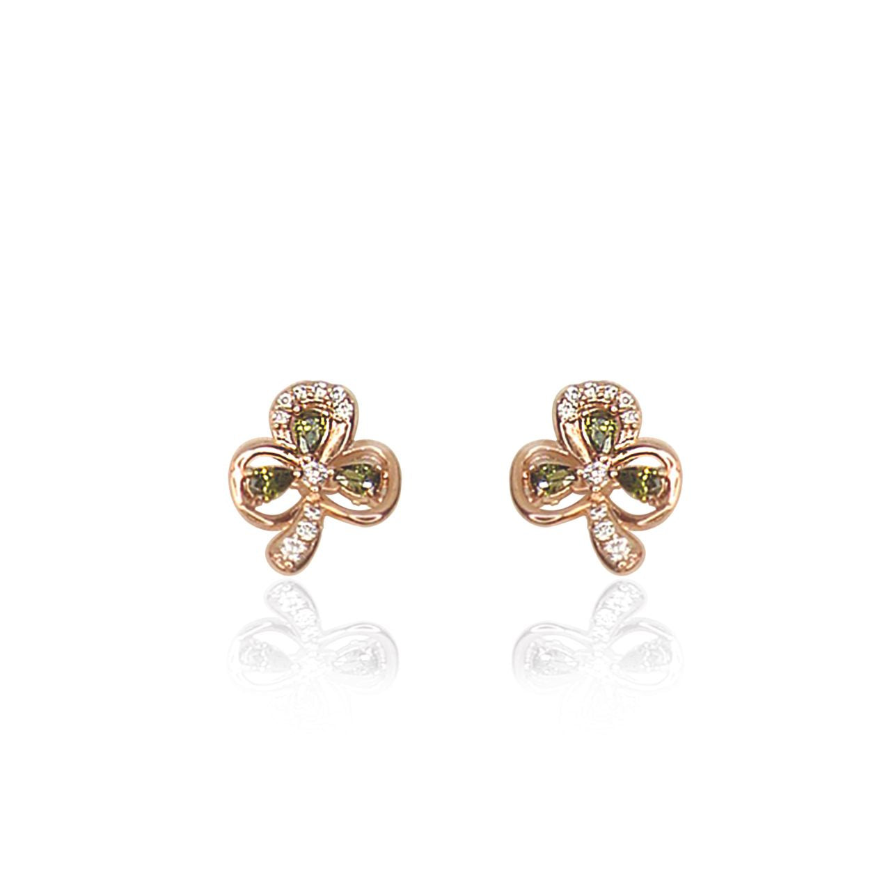 Charming and iconic, these shamrock earrings feature three looping open shamrock leaves lined with sparkling clear crystals. Each leaf is set with an emerald green pear shaped stone cut to enhance its colour and shine. Polished to a bright shine, these post earrings secure comfortably with push backs.